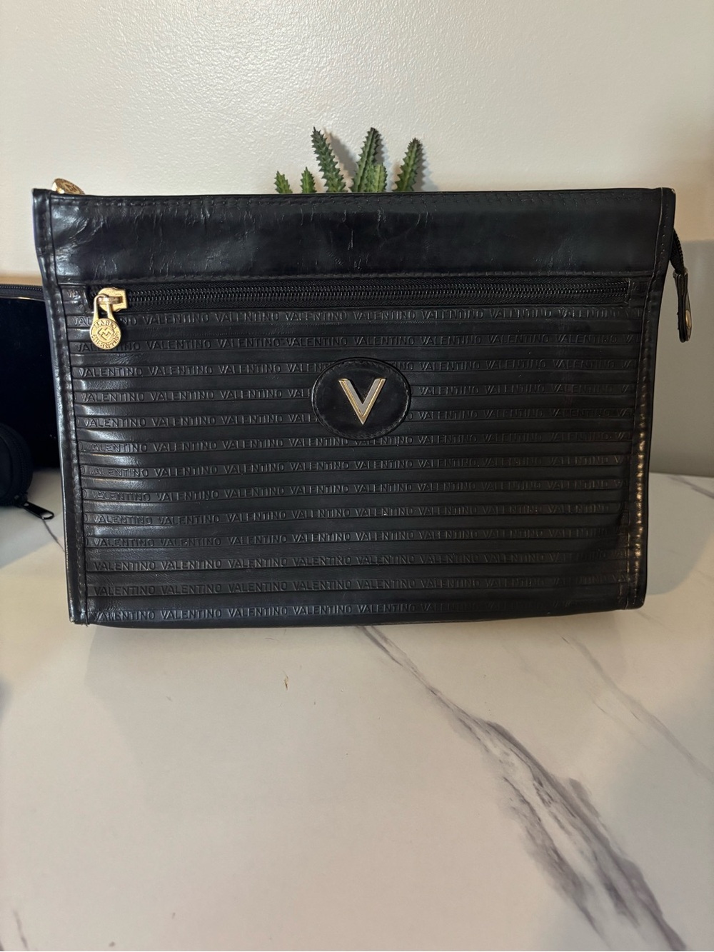 Valentino Black Leather V-Emblem Zip Pouch with Gold Hardware